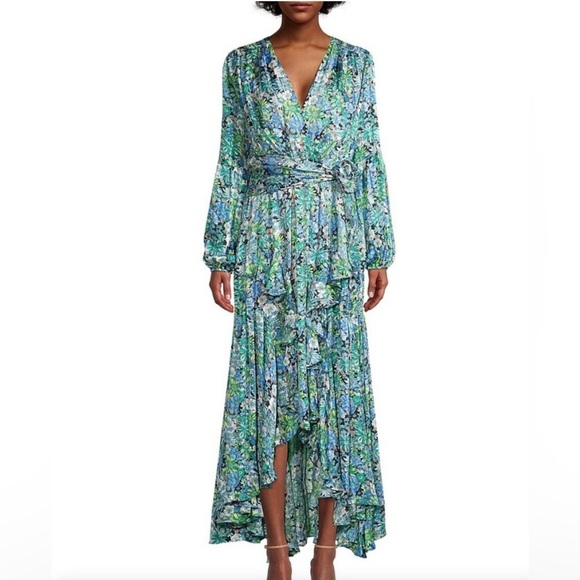 Elliatt Revolve Claude Ruffled Satin Maxi Dress Floral High Low hem Blue Small S - Picture 3 of 13